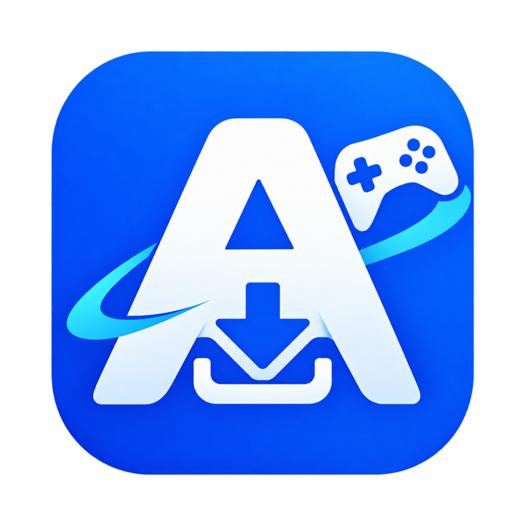 APKSilver favicon, large capital A and gaming sign in blue and white color