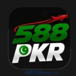 588PKR app icon with bold green and white lettering, a red plane, and a crescent moon and star symbol.