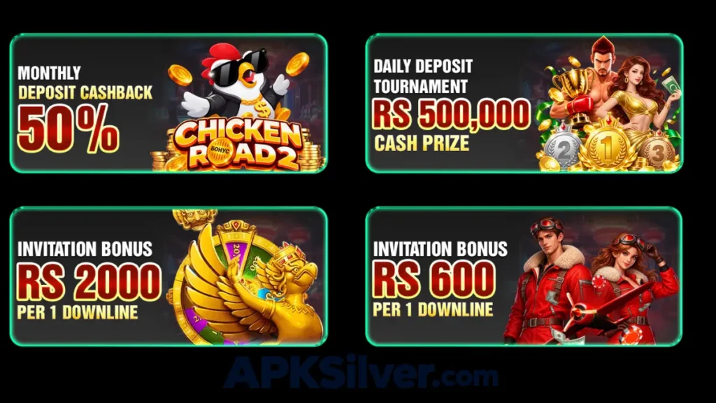 promo banners showing 50% deposit cashback, Rs 500,000 daily tournament, and invitation bonuses.