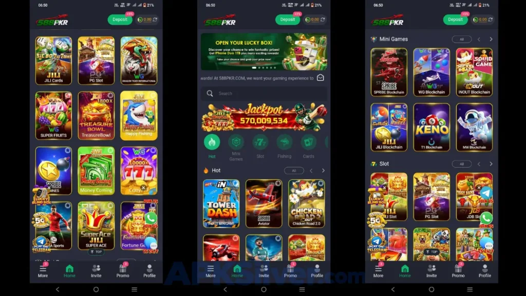 Three app lobby screens showing jackpot banner, hot games, mini games, and slot game categories.