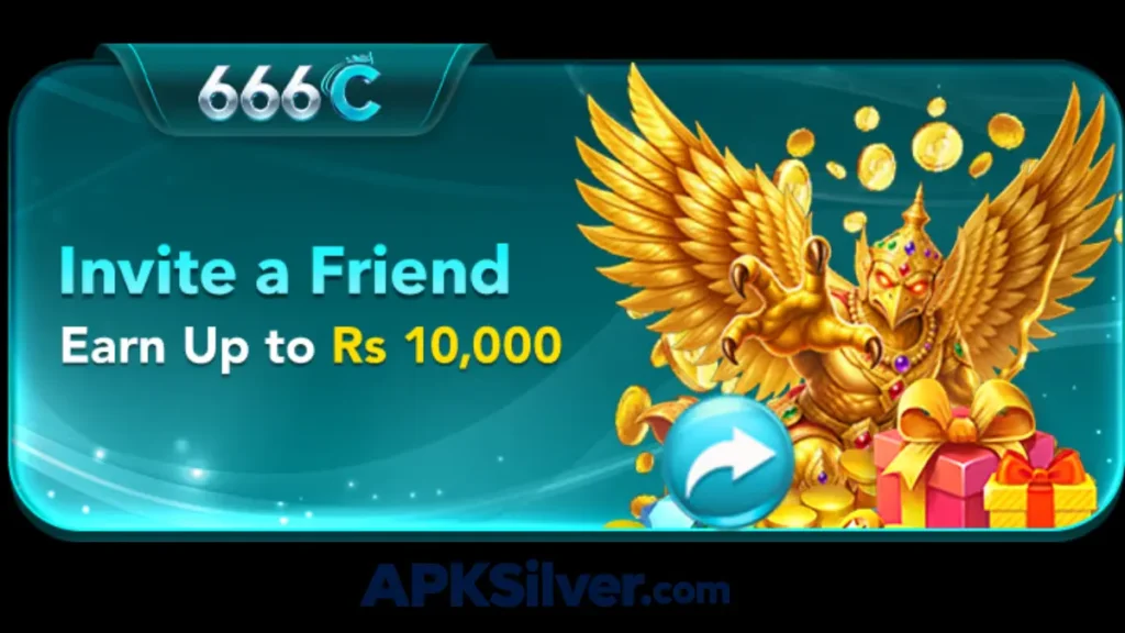 666C invite a friend banner with a golden winged statue and gift boxes, earn up to Rs 10,000 cash.