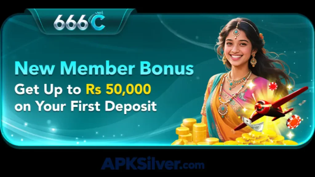 666C app new member bonus banner showing a woman in a sari, offering up to Rs 50,000 on first deposit.