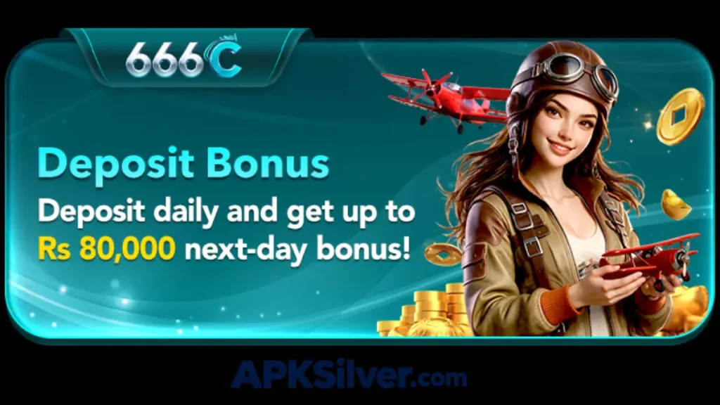 666C deposit bonus banner with a pilot girl and red plane, offering up to Rs 80,000 next-day bonus.