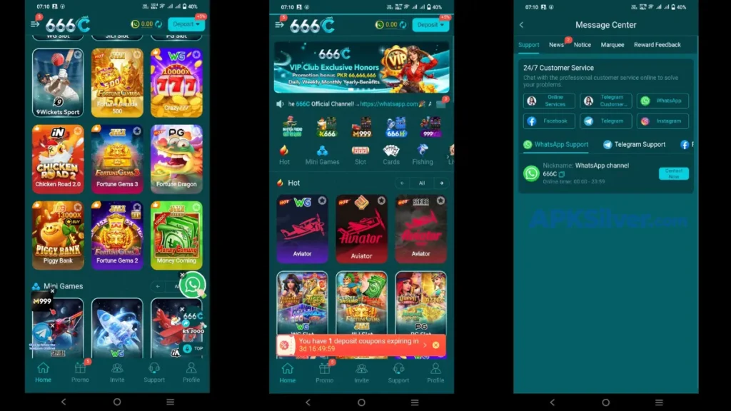 Three 666C app screens showing the slot game lobby, VIP club home page, and customer support centre.