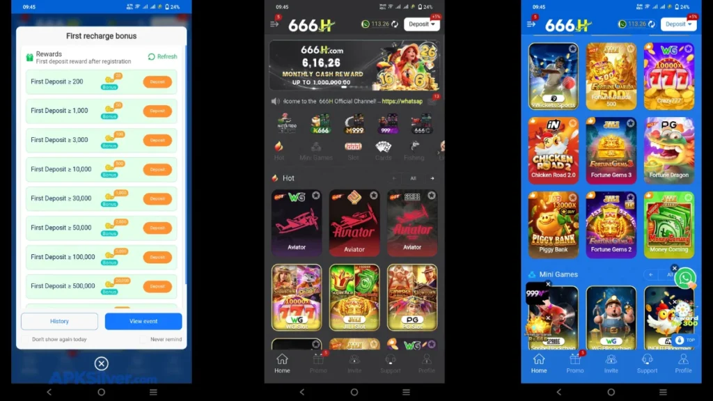 Three 666H app screens showing first recharge bonus tiers, homepage banner, and slot game lobby list.