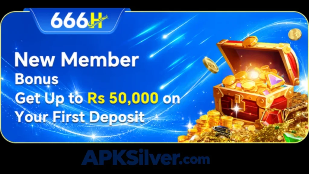 666H new member bonus banner with a gold treasure chest, get up to Rs 50,000 on your first deposit.