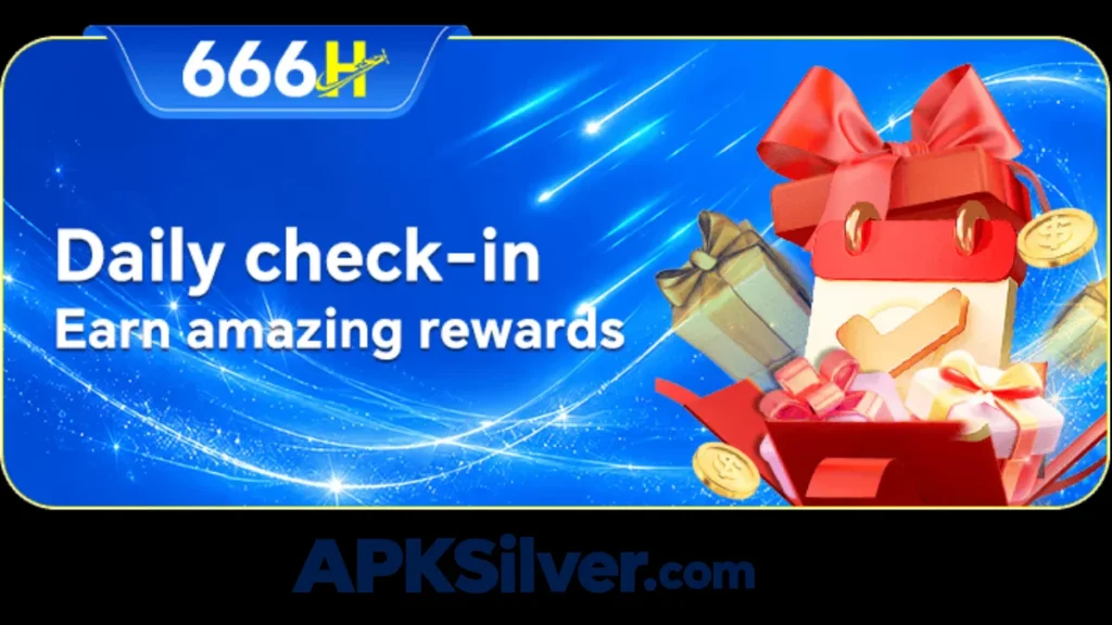 666H daily check-in banner with red gift boxes and coins, promising amazing rewards for every login.