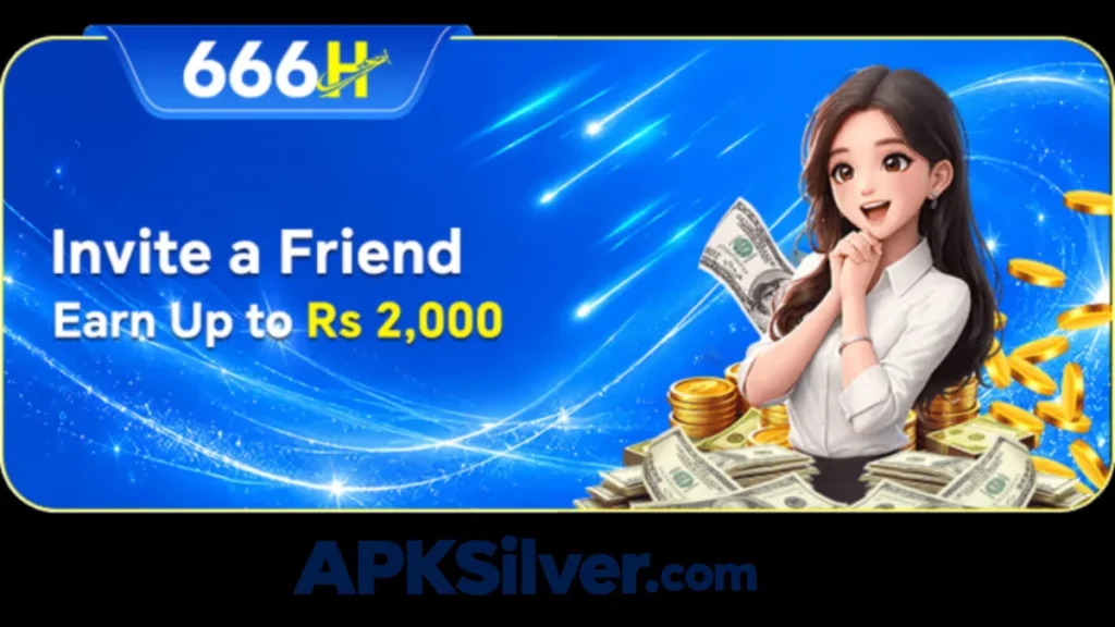 666H invite a friend banner showing a happy woman holding cash, earn up to Rs 2,000 per referral.