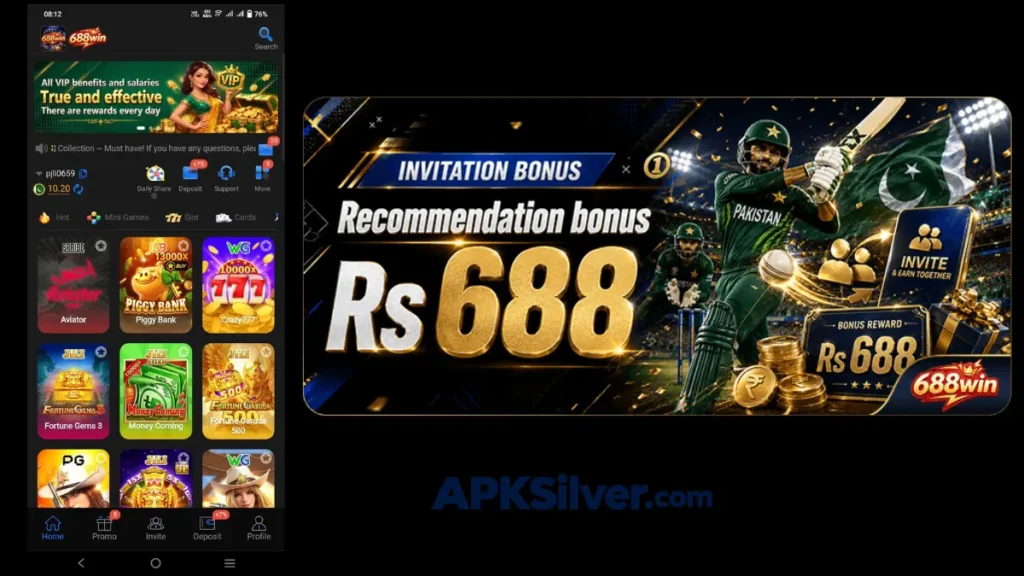 688win app homepage with game tiles and an invitation bonus banner offering a Rs 688 cash reward.
