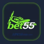 Bet55 Game online casino app logo icon on dark background, showing green bet55 text with a small airplane icon.