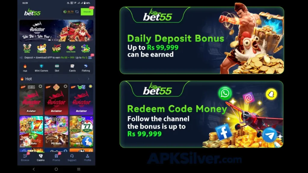 app home screen with Aviator banner, plus Daily Deposit Bonus and Redeem Code Money promo banners.