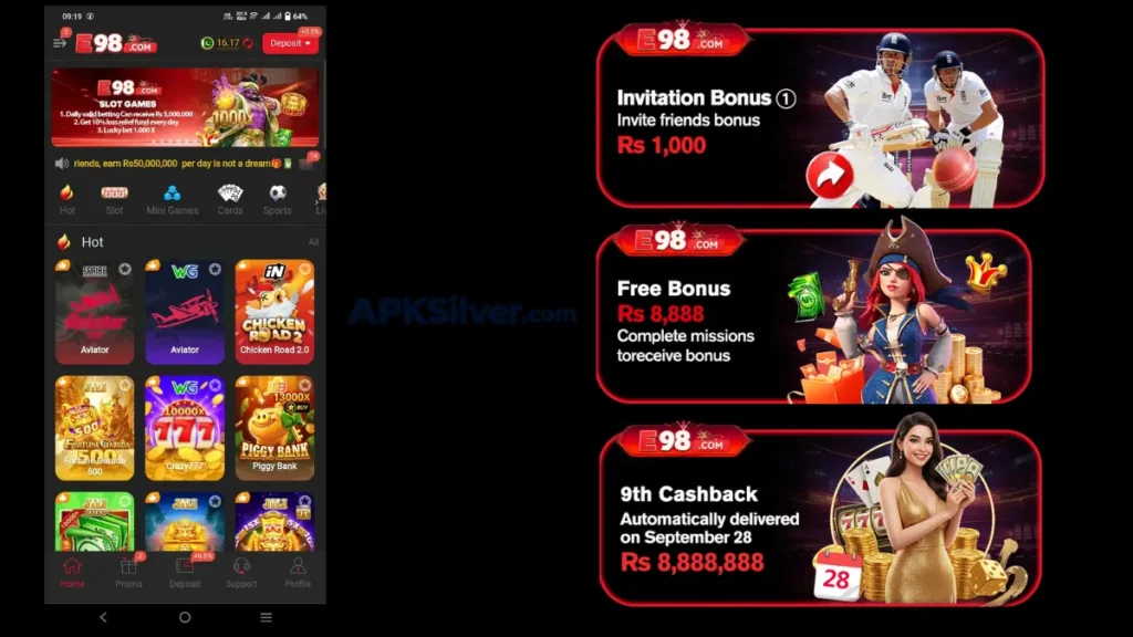 App homepage with slot game tiles and bonus banners for invitation, free, and cashback rewards.