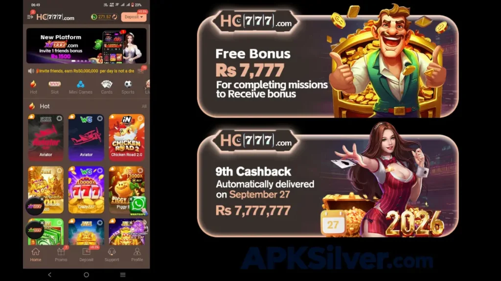 app homepage with hot game tiles, a free Rs 7,777 mission bonus, and a 9th cashback banner.