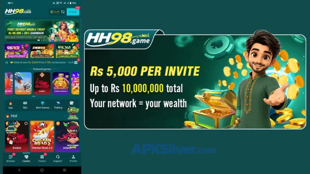 HH98 app homepage with featured games and a banner offering Rs 5,000 per invite reward.