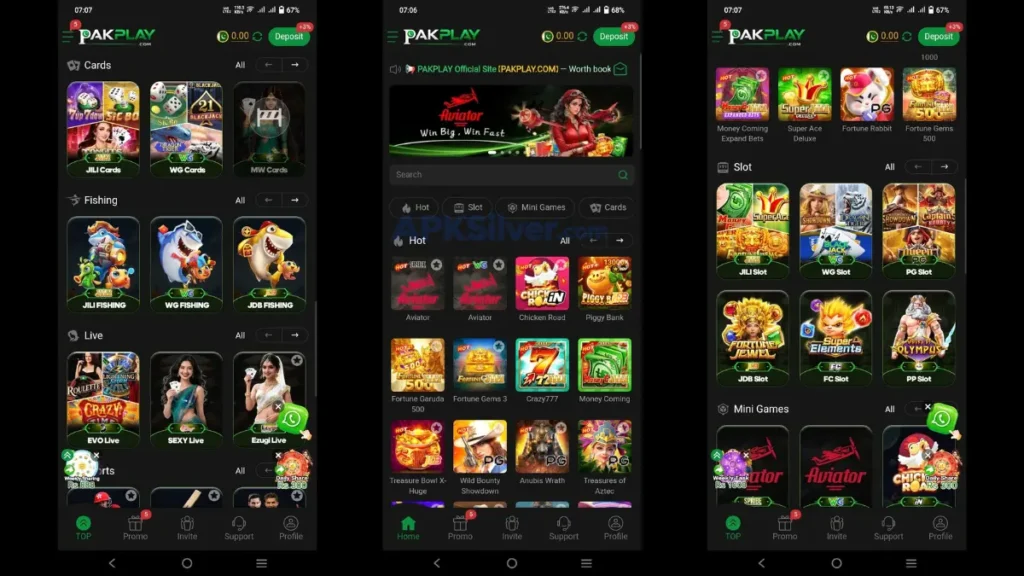 Screenshots of game interface showing cards and fishing games home screen, Aviator banner, and slot and mini games selection grid.