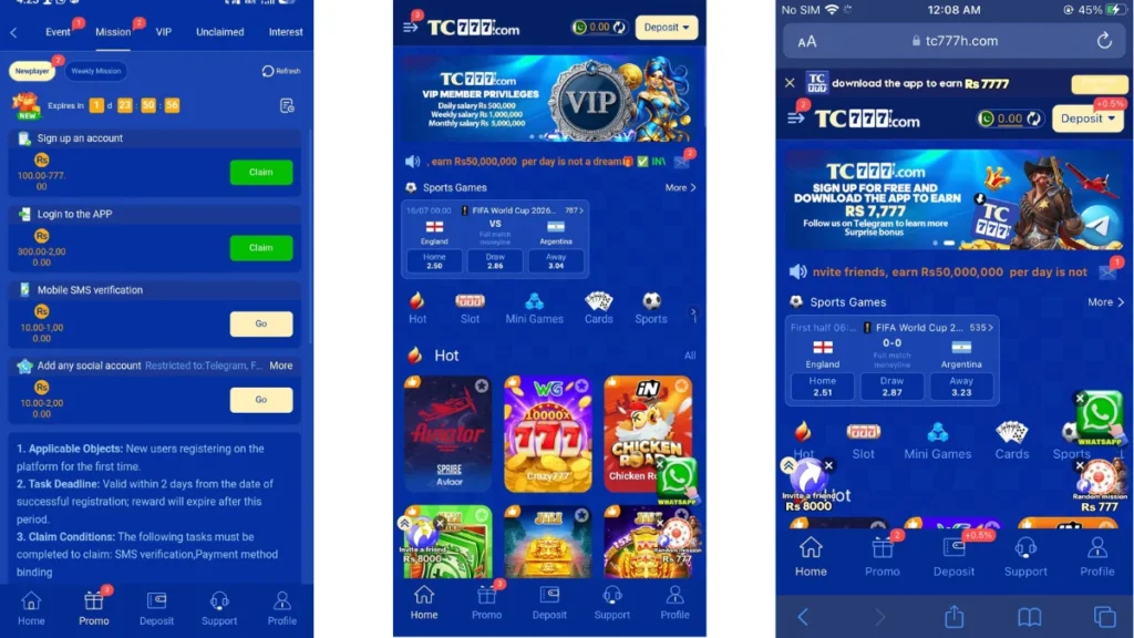 Screenshots of TC777 APK home and mission section.