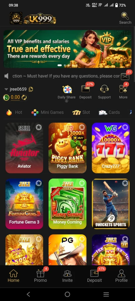 UK999 app homepage with a VIP benefits banner and a grid of hot slot games like Piggy Bank and Crazy777.