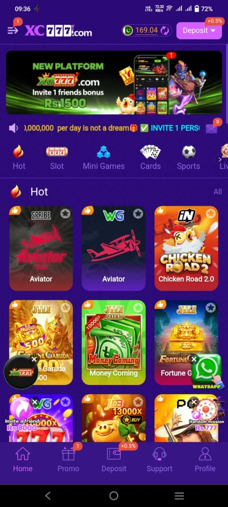 XC777.com app homepage showing a new platform banner, hot games row, and Aviator and Chicken Road tiles.