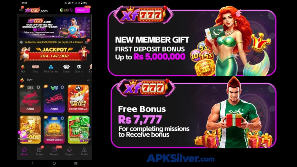 app homepage with a jackpot banner and new member gift offering first deposit bonus rewards.