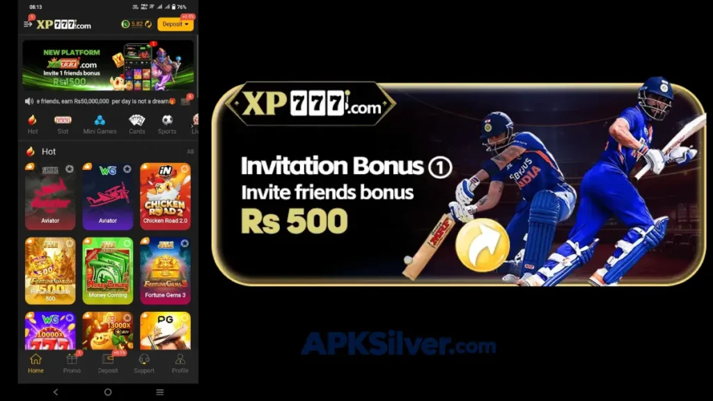 XP777.com app homepage showing hot game tiles and an invitation bonus banner for Rs 500 per invite.