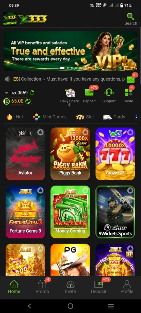 Y333 app homepage showing a VIP rewards banner and slot game tiles including Aviator and Fortune Gems.