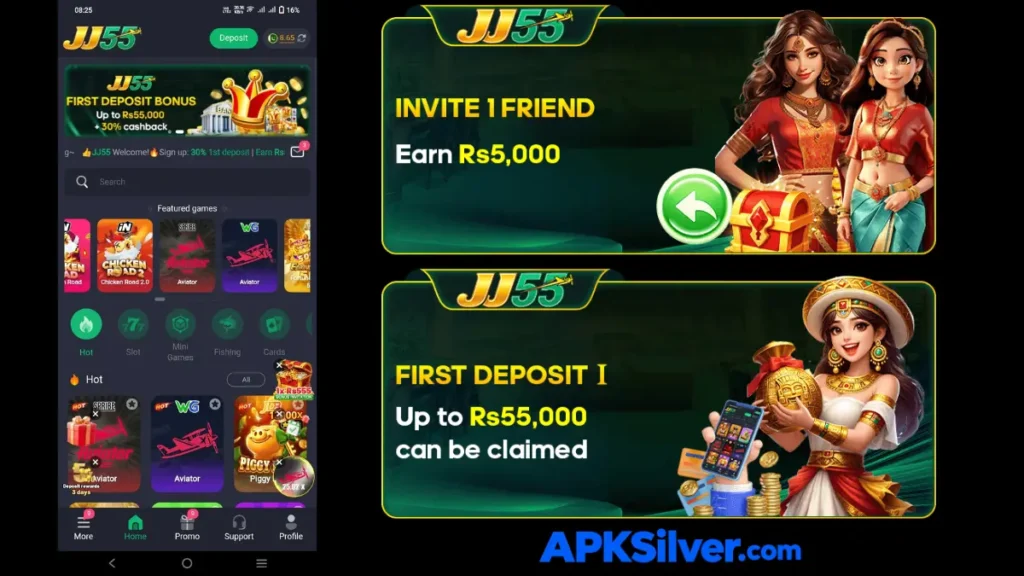 Home page and promotional banners of jj55 apk