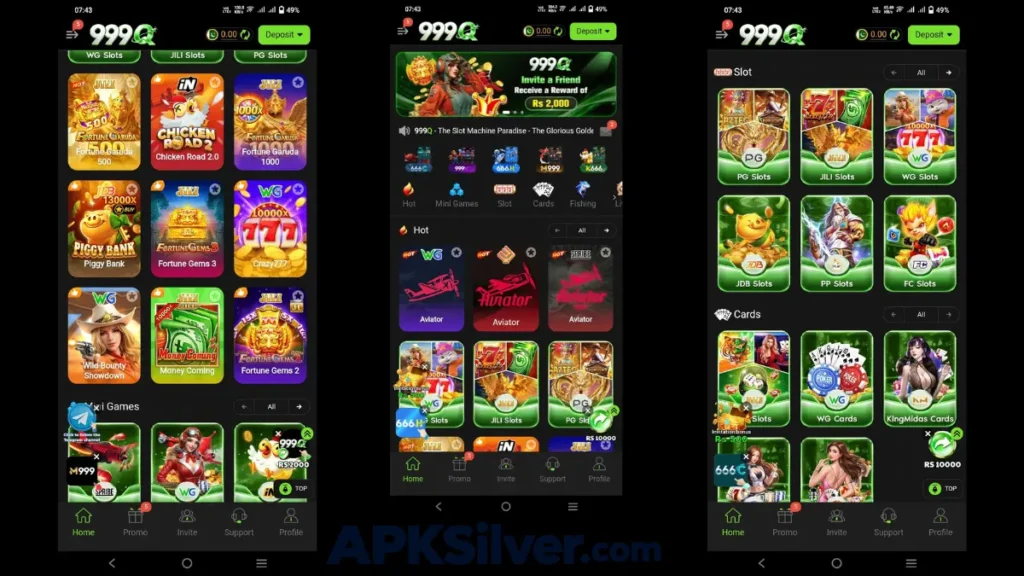 three screenshots of game home and lobby