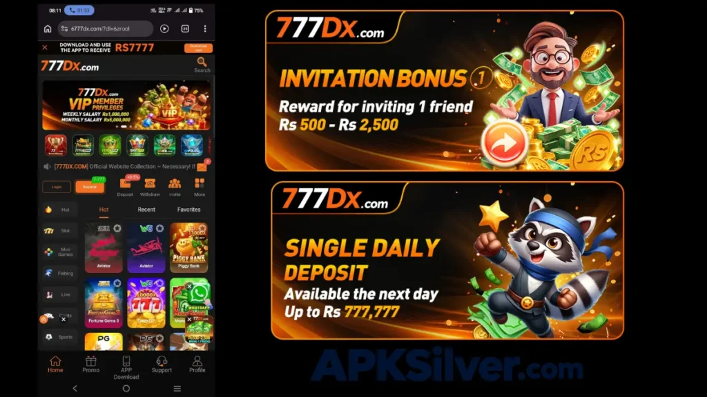 app homepage with VIP banner and invitation bonus offering Rs 500 to Rs 2,500 per friend.