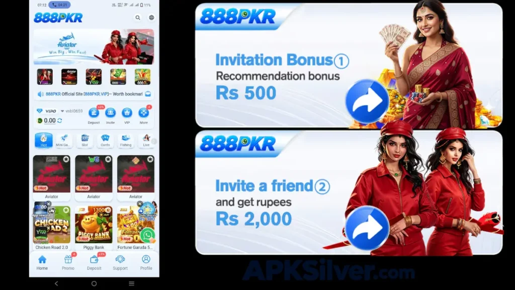 homepage with Aviator banner, hot game tiles, and invitation bonus offers up to Rs 2,000.