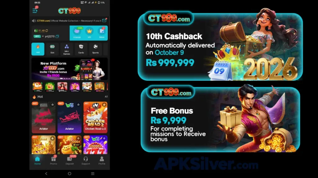 homepage with hot game tiles and banners for 10th cashback and free bonus rewards shown.