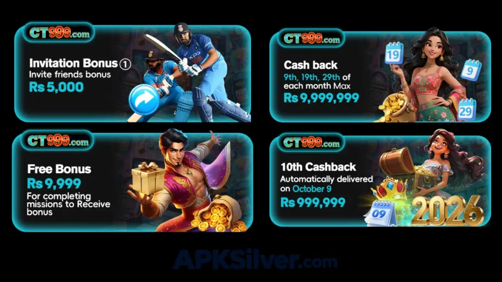 promo banners showing invitation bonus, free bonus, and cashback rewards up to Rs 9,999,999.
