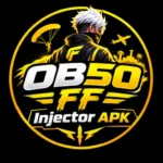 OB50 Injector APK Free Fire Logo in white and yellow color.