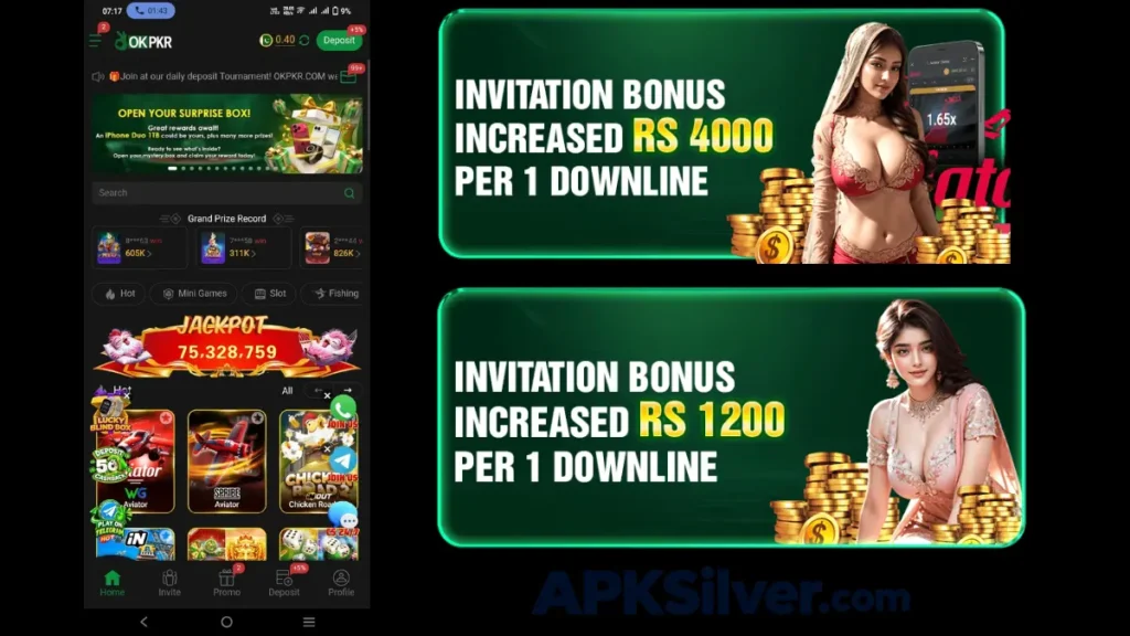 homepage with jackpot banner, hot games row, and invitation bonus offers up to Rs 4,000.