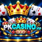 PK Casino game app logo with a gold crown, playing cards, dice, and poker chips on a dark blue background.