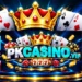 PK Casino game app logo with a gold crown, playing cards, dice, and poker chips on a dark blue background.