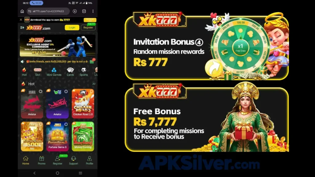 app homepage with hot game tiles and an invitation bonus four spin wheel for Rs 777.