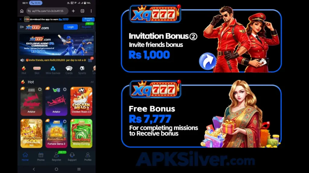 app homepage with hot game tiles and an invitation bonus two banner for Rs 1,000 reward.